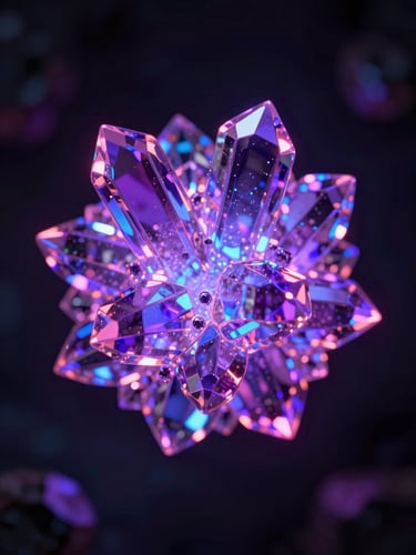 Macro close-up of a glowing crystalline node reflecting neon purple and pink light, dark obsidian background, high-contrast digital structure