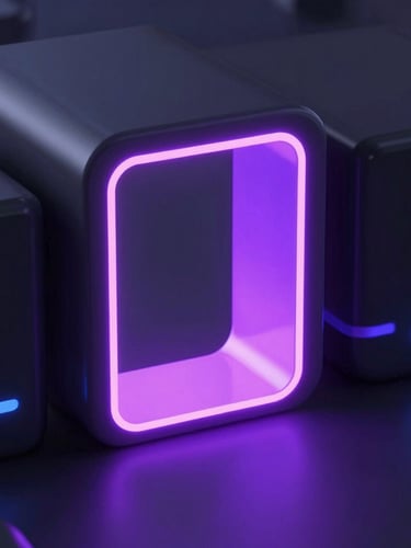 Sleek abstract 3D render of a glowing violet gateway portal casting soft pink light on dark obsidian surfaces, macro view, cinematic lighting
