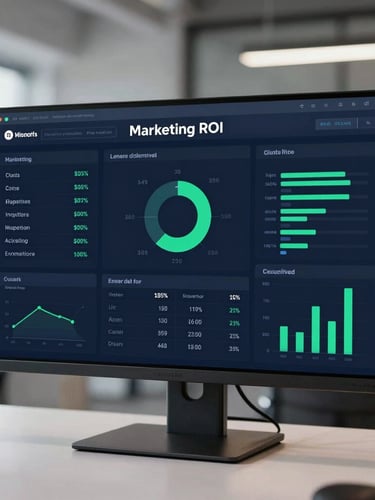 A clean modern dashboard on a monitor showing real-time marketing ROI and conversion metrics, deep navy and emerald tones, professional editorial style.