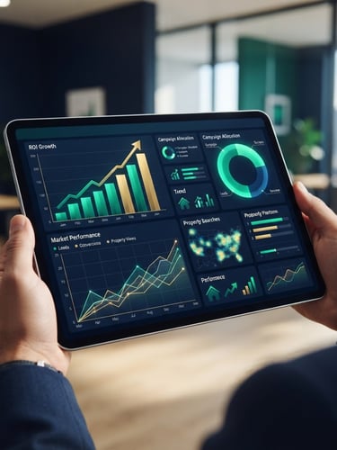 Close-up of a modern tablet showing a real estate marketing dashboard with positive ROI charts, clean office lighting, deep navy background