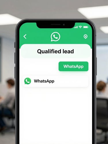 Close-up of a mobile screen showing qualified lead data on a WhatsApp chat, clean office lighting, emerald green accents, professional editorial style.