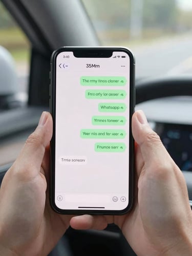 First-person POV of a driver holding a smartphone with a clean WhatsApp chat screen inside a modern car, bright natural daylight, 35mm