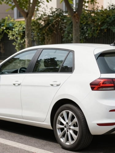 A clean modern hatchback parked on a quiet tree-lined street in France, bright natural daylight, crisp details, 35mm