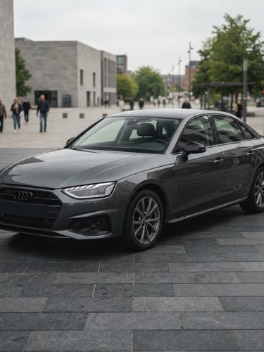 Clean automotive photography of a modern sedan parked in an open plaza, soft overcast daylight, neutral desaturated tones, sharp focus, 35mm lens, realistic details