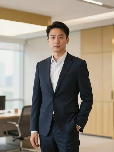 A professional corporate leader in a modern, well-lit architectural office setting, warm gold accents, sharp focus, 35mm