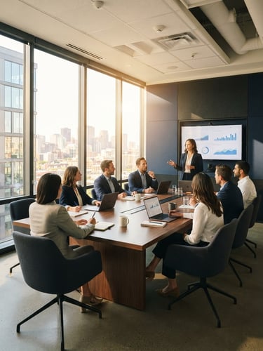 Wide-angle crisp corporate office meeting room with warm gold morning light streaming through windows, professional atmosphere, 35mm