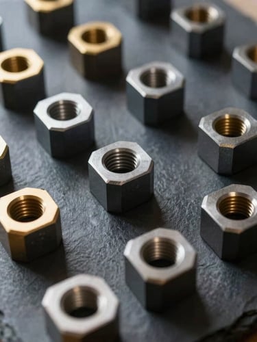 Close-up of high-quality industrial steel components neatly arranged on a dark slate surface, warm gold lighting accentuating the metallic edges, sharp focus, 35mm