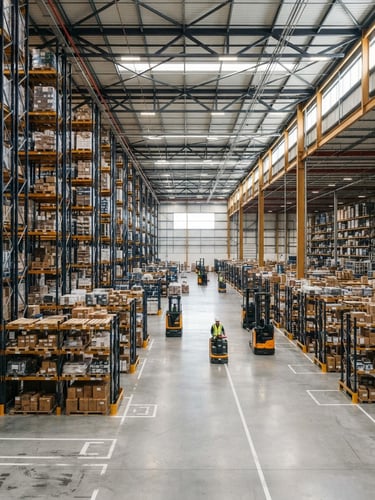 Wide-angle crisp architectural shot of a modern organized high-bay logistics warehouse with warm gold highlights, clean concrete floors, sharp focus, 35mm