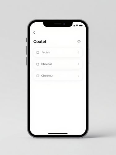 Straight-on high-fidelity mobile device mockup showing a clean one-step checkout interface with minimal form fields, soft studio lighting, subtle shadows, on a light gray background