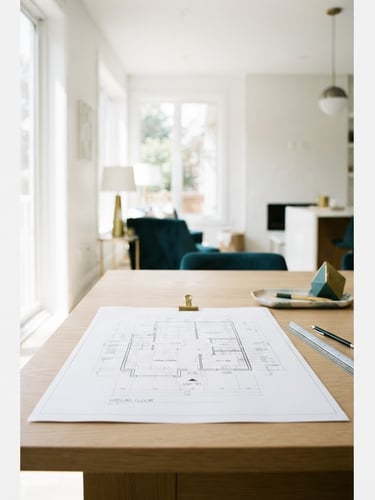 Portrait crop of a modern, bright renovated interior, spacious room with white walls, natural daylight casting soft shadows, a professional blueprint resting on a light oak table, clean focus, 35mm