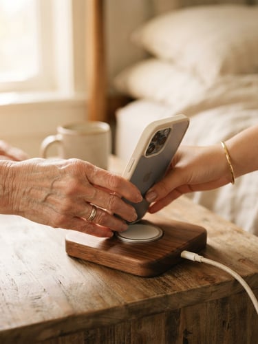 A close-up of an elderly hand and a young hand placing a phone onto a warm walnut charging dock, soft morning window light, shallow depth of field