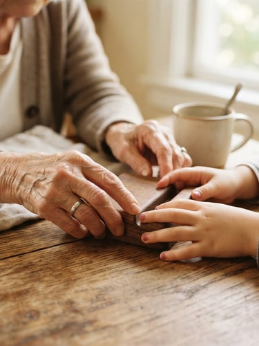 A close-up portrait of elderly hands and young hands together arranging a warm walnut phone stand on a sunlit wooden kitchen table, soft morning light, shallow depth of field, 35mm