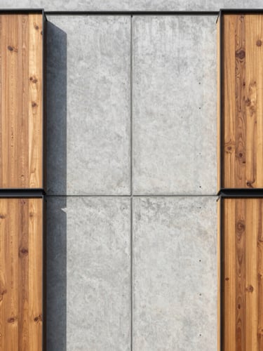 Symmetrical architectural elevation of a modern residential facade, raw concrete wall meeting warm timber panels with a clean vertical seam, natural bright daylight casting sharp geometric shadows, high-resolution architectural photography