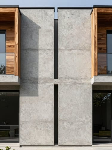 Symmetrical architectural elevation of a modern residence, raw concrete wall meeting warm timber panels, bright natural daylight, crisp shadows, high-resolution architectural photography