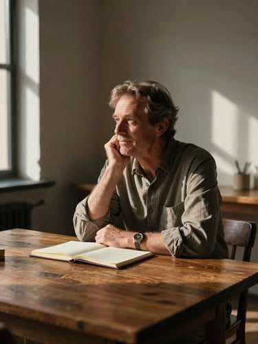 Environmental portrait of a mid-50s individual sitting at a heavy dark oak table in a sunlit loft, looking thoughtfully at a notebook. Late-afternoon natural side-lighting, rich shadows, warm tones. No forced smiles, completely natural pose.