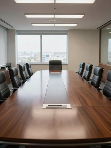 Straight-on organized view of an immaculate corporate boardroom, polished dark wood table, perfectly aligned chairs, bright daylight illuminating a spotless professional environment.