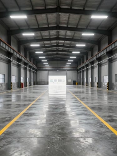 Symmetrical wide shot of a pristine, freshly detailed industrial warehouse floor, glossy polished concrete reflecting high bay lights, yellow safety lines painted on the ground.