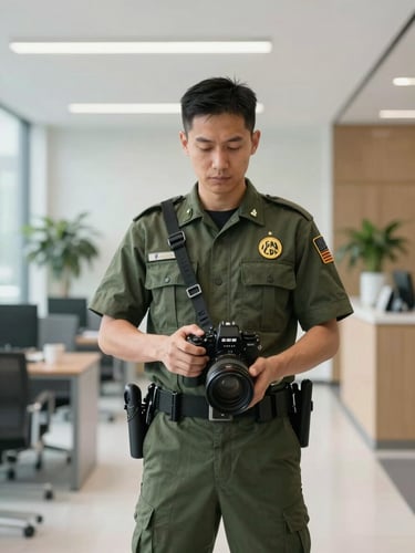 Straight-on structured shot of a uniformed SGT Can Do commercial cleaner in a pristine, bright modern office lobby, holding professional equipment with focused discipline, natural lighting.