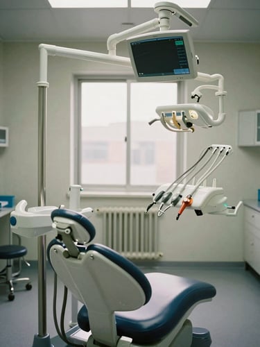 Straight-on, bright shot of a sterile, perfectly aligned dental operatory room, stainless steel equipment reflecting natural window light, clinical order.