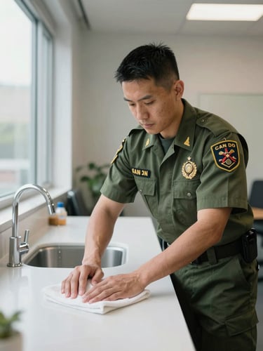 A focused, uniformed SGT Can Do commercial cleaner performing tasks with focus, wiping a modern office breakroom counter, bright natural morning light, organized and clean environment.