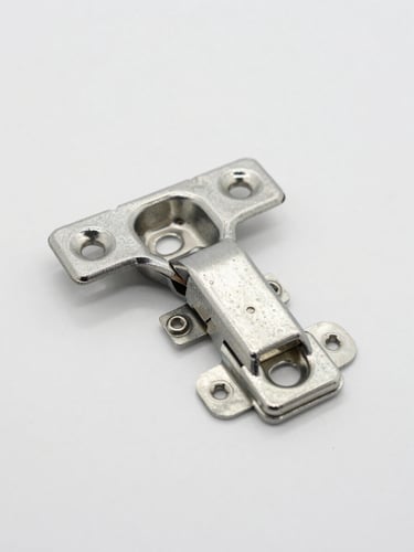 Close-up high-key product photography of a heavy-duty metal hinge mechanism, clean neutral studio background, crisp natural light, sharp focus, 50mm