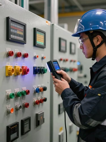 A certified technician in safety gear using a thermal imaging camera to inspect a complex industrial control panel, high-contrast workshop lighting