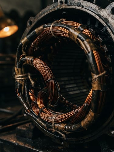 Close-up macro shot of copper wiring inside a heavy-duty industrial electric motor, dramatic high-contrast workshop lighting with deep charcoal shadows and safety amber highlights, sharp focus, 35mm lens.