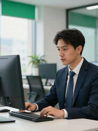 A focused Moroccan professional analyzing marketing data on a screen in a modern bright office, clean corporate setup, emerald green accents, professional corporate photography