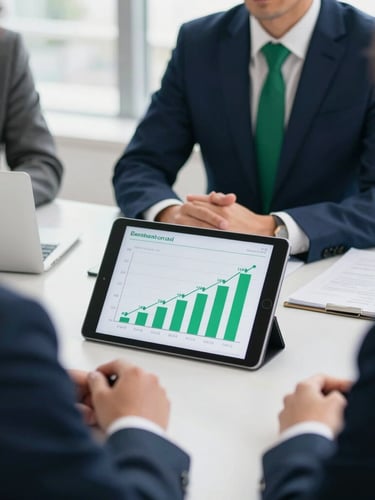 A professional Moroccan business meeting in Casablanca, over-the-shoulder view of a tablet showing growth charts, bright natural office daylight, sharp focus, navy and emerald tones, professional 35mm photography