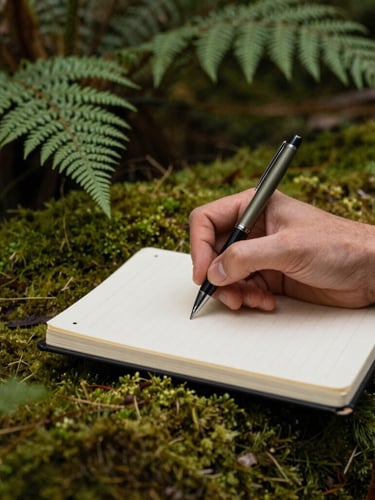 Close-up of a writer's hand holding a pen over a journal, surrounded by native New Zealand ferns and moss, soft diffused light.
