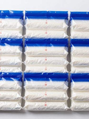 Overhead flat-lay of neatly stacked heavy-duty plastic security bags, precise red numbering visible, bright studio lighting, clean corporate aesthetic