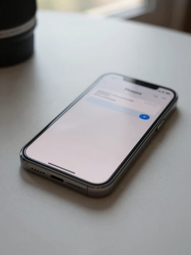 Overhead close-up of a smartphone lying on a plain desk, screen showing a notification with a payment link, even daylight from a nearby window, no clutter