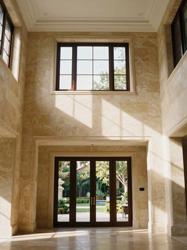 Symmetrical wide-angle shot of a luxury residential interior with double-height ceilings, natural window light casting dramatic shadows on warm cream limestone walls, medium format film.