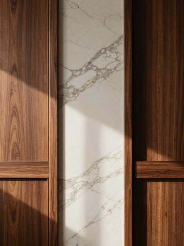 Symmetrical medium shot of custom luxury walnut joinery and marble textures, natural side lighting, rich saturated tones, high-end editorial.