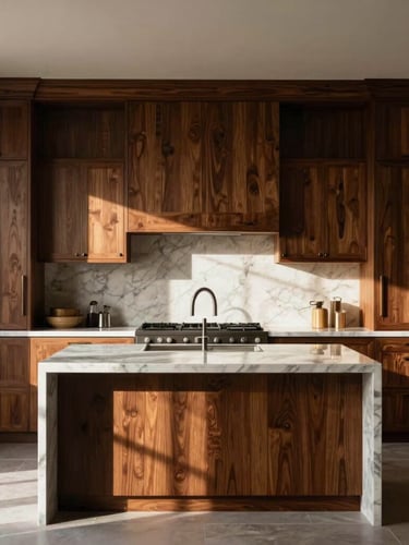 Symmetrical architectural photography of a luxury modern kitchen with custom dark oak cabinetry, marble waterfall island, natural window light casting dramatic shadows.