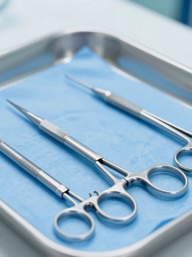 Close-up of sterile stainless steel surgical instruments arranged on a clean blue medical tray, bright clinical lighting, sharp focus