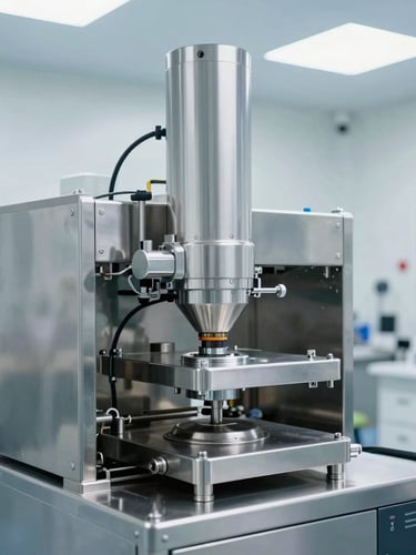 High-tech pharmaceutical cleanroom with stainless steel manufacturing machinery, bright clinical white light, sterile environment, sharp focus
