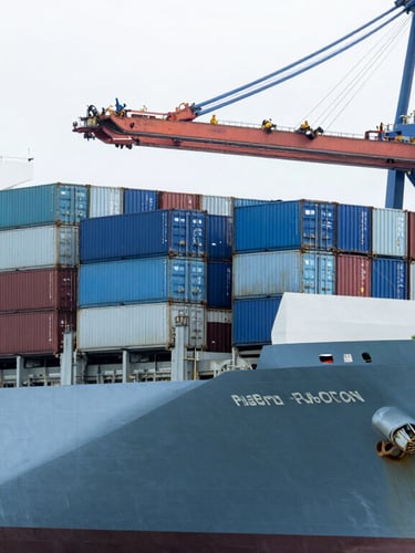 A modern cargo ship loaded with containers at a port terminal under bright clinical white light, clean industrial photography, cool blue tones, sharp focus, 50mm lens