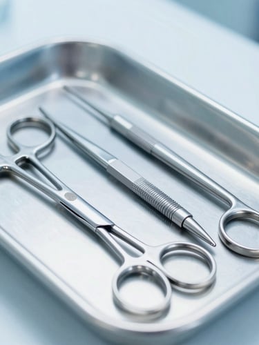 Close-up of sterile stainless steel surgical instruments arranged neatly on a clinical tray, bright sterile lighting, cool blue tones, sharp focus