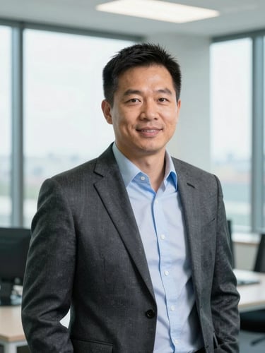 A professional editorial portrait of Tony Truong in a bright, naturally lit Etobicoke office space, clean corporate teal tones, sharp focus, 35mm lens