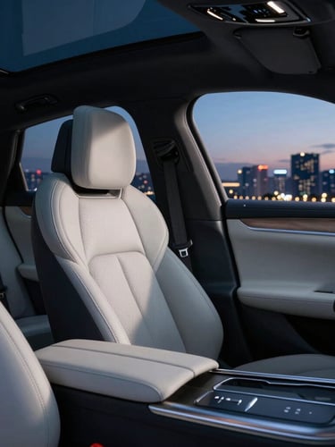 Sleek executive sedan interior, clean leather details, soft twilight city lights reflecting on polished surfaces, professional cinematic lighting, 50mm lens