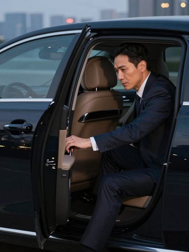 Sleek professional driver in a dark suit opening the rear door of a premium black sedan, soft morning light, clean reflections, cinematic composition