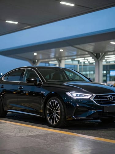 Sleek executive sedan parked outside a modern airport terminal at twilight, soft blue lighting, cinematic reflections on polished black paint, 50mm lens.