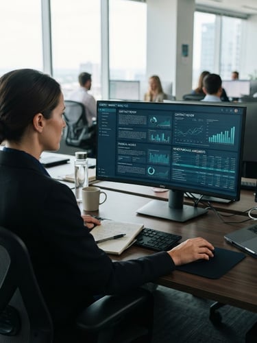 Over-the-shoulder shot of a professional analyzing complex energy contracts and spreadsheets on a monitor, crisp corporate photography, natural daylight, deep navy tones.