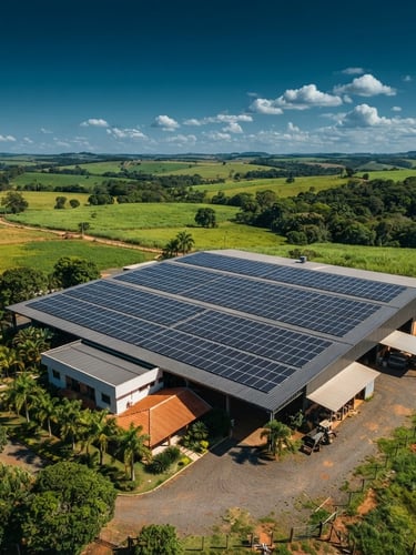 Wide environmental shot of a large solar panel array installed on a rural property rooftop in Brazil, natural daylight, deep blue sky, agricultural landscape in the background, crisp corporate photography, 35mm, no people, no installation crew