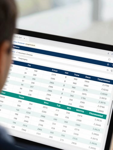 Close-up over the shoulder of a professional analyzing energy data on a clear spreadsheet, natural daylight, crisp corporate photography.