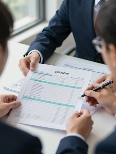 Over-the-shoulder view of an energy consultant reviewing printed electricity bills and a spreadsheet on a desk, natural window light, organized papers, energy meter printout visible, crisp corporate photography, navy and teal tones, 35mm