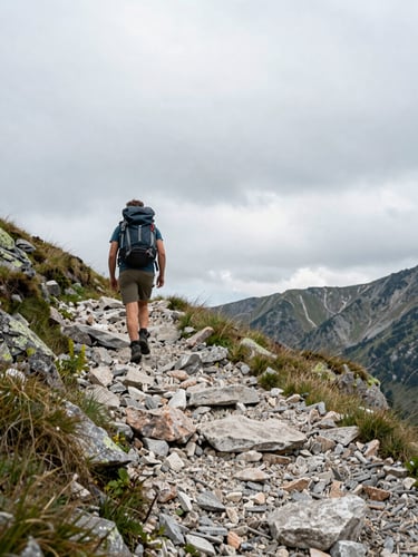 Wide environmental shot, hiker seen from behind mid-stride on a stony mountain path, left-framed, overcast Balkan sky, natural flat light, scree and sparse alpine grass in foreground, distant ridgeline visible