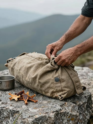 Close documentary shot, hands unpacking a worn canvas pack on a flat grey rock, dried food and a small metal pot visible, natural overcast mountain light, off-center framing, no faces, texture of weathered fabric and stone