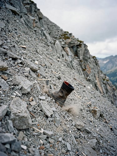 Close documentary shot of a boot pressing into loose scree on a steep mountain face, natural overcast light, texture of grey stone and dust visible, off-center framing